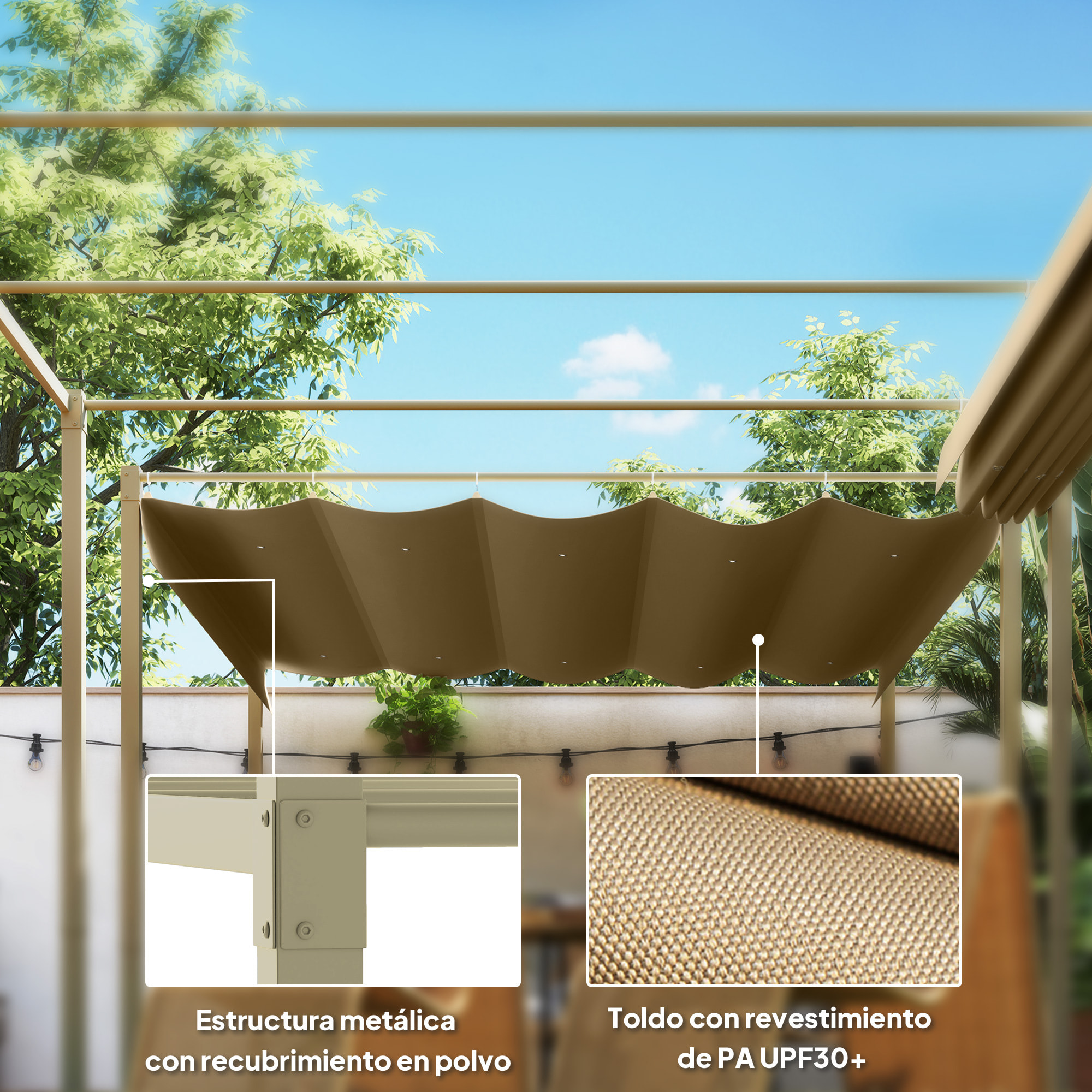 Pérgola con Techo Retráctil Pérgola de 3x3 m Cenador de Pared o Independiente con Cierre Magnético Protección UV30+ Pabellón para Jardín Patio Terraza Exterior Caqui