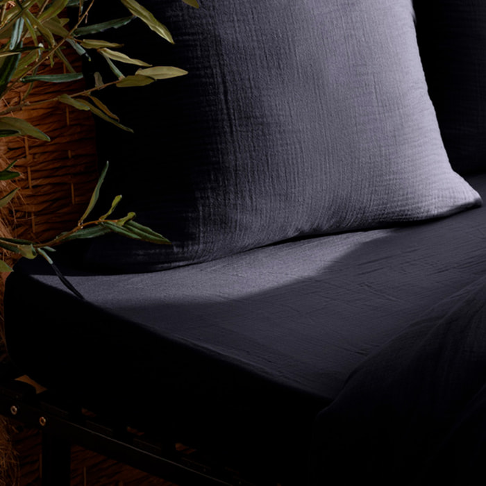 Drap housse "Flora" gaze de coton bleu 160x200cm