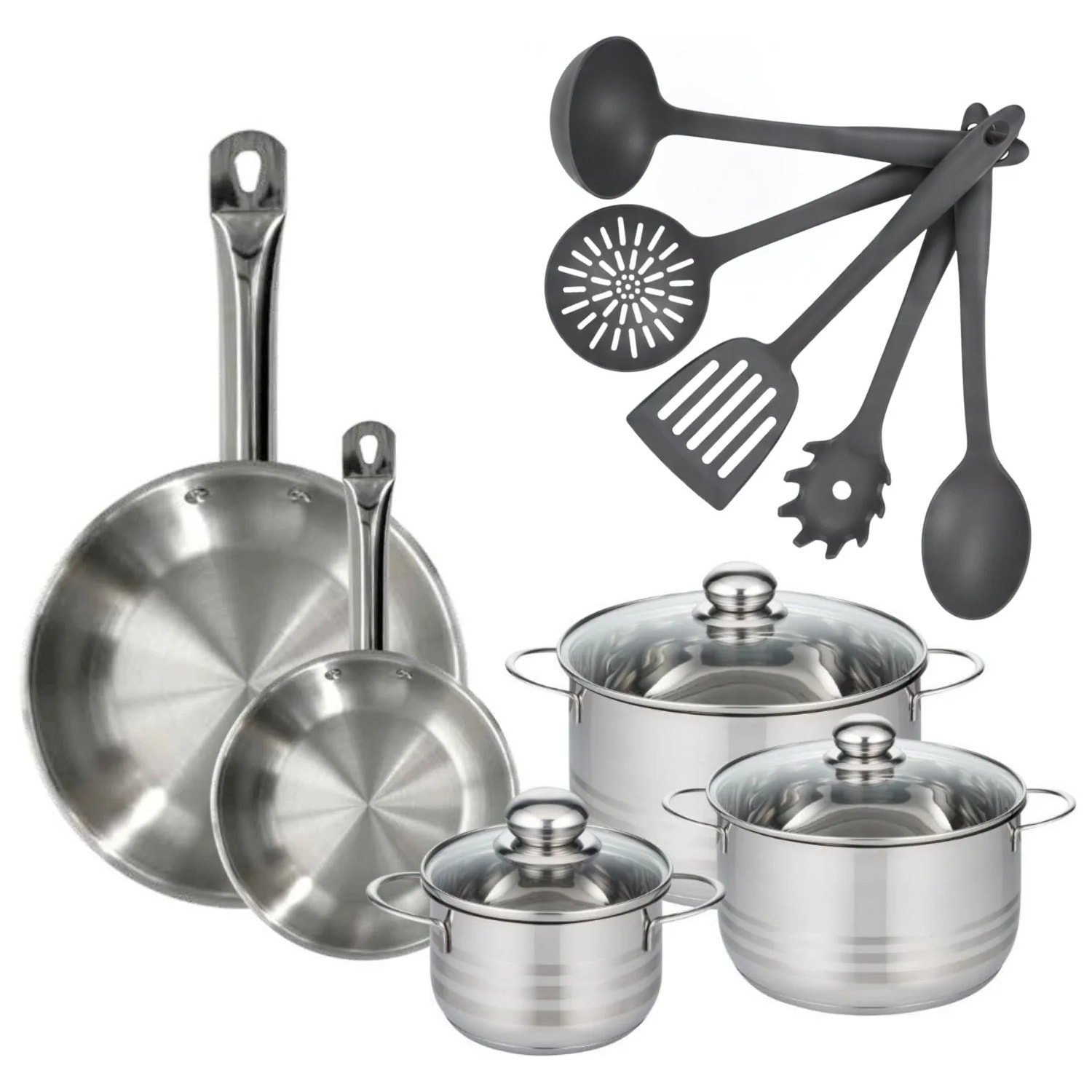 Set 2 poêles 20 et 28 cm en inox, 3 faitouts inox 16, 20 et 24 cm et 5 ustensiles Fackelmann Eterna