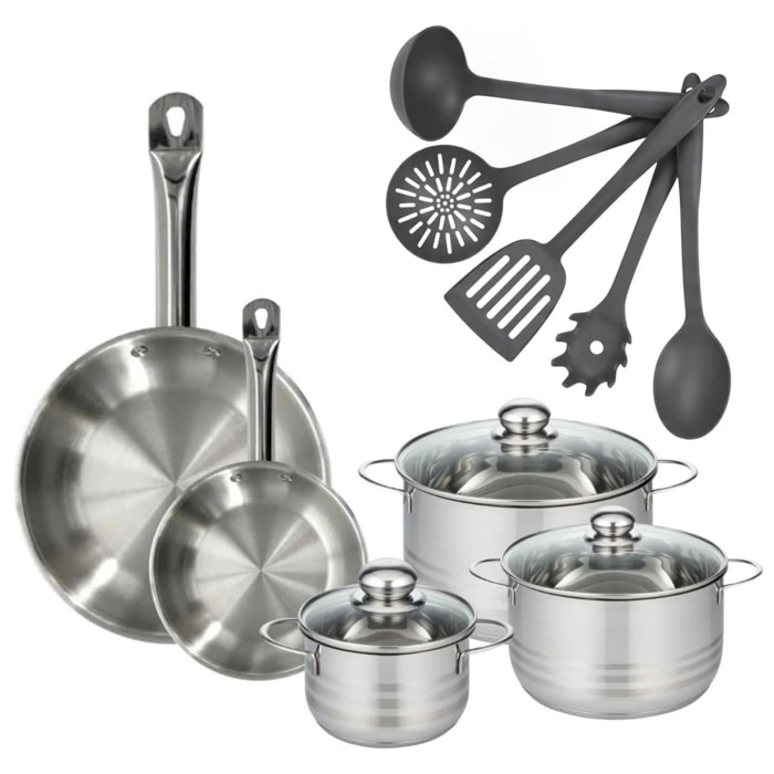 Set 2 poêles 20 et 28 cm en inox, 3 faitouts inox 16, 20 et 24 cm et 5 ustensiles Fackelmann Eterna