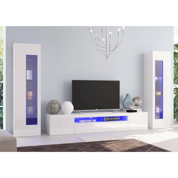 Parete attrezzata Aslhey, Set salotto porta TV, Mobile soggiorno multiuso con luce LED, 100% Made in Italy, cm 290x40h162, Bianco lucido