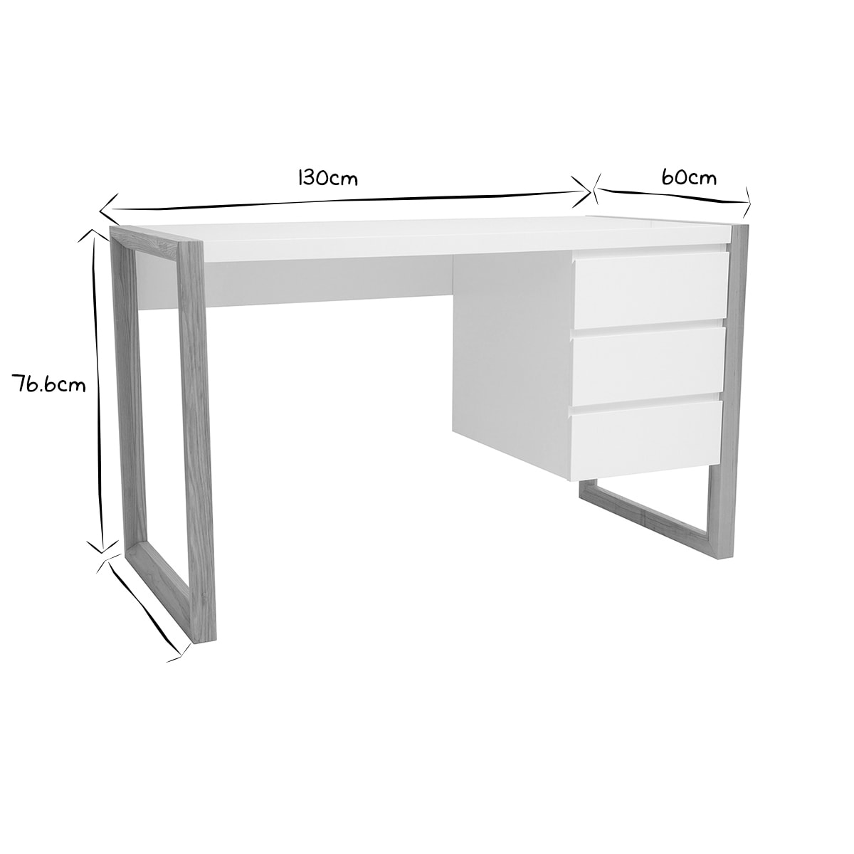 Bureau avec rangements 3 tiroirs scandinave blanc mat et bois clair frêne massif L130 cm ARMEL