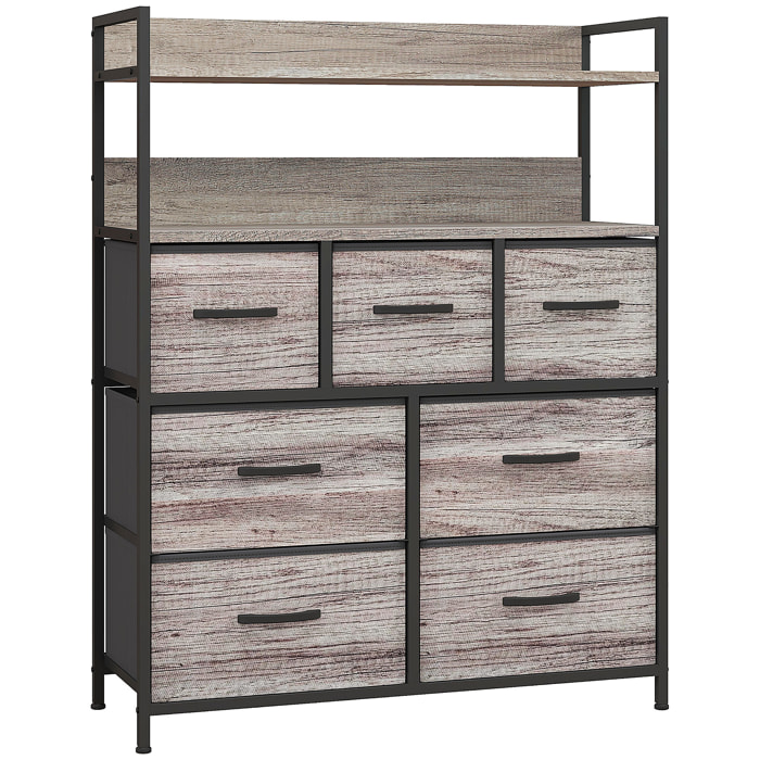 Commode style industriel - 7 tiroirs, 2 étagères - acier noir MDF non tissé effet bois gris