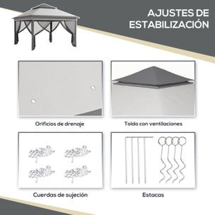 Carpa Plegable 3,26x3,26x2,72 m Cenador de Jardín con Doble Techo Altura Ajustable en 3 Niveles 4 Mosquiteras Protección UV30+ Impermeable y Bolsa para Fiestas Camping Gris