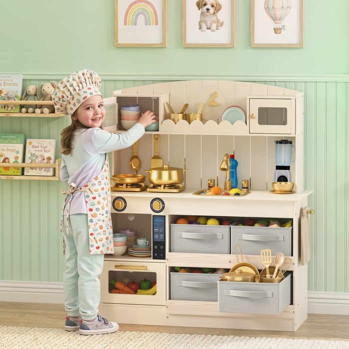 AIYAPLAY Cocina de Juguete de Madera con Luces y Sonidos, Cocinita Infantil con 4 Cestas de Tela, 12 Accesorios, 2 Fogones, Microondas, Fregadero, Grifo, 3-6 Años, Crema