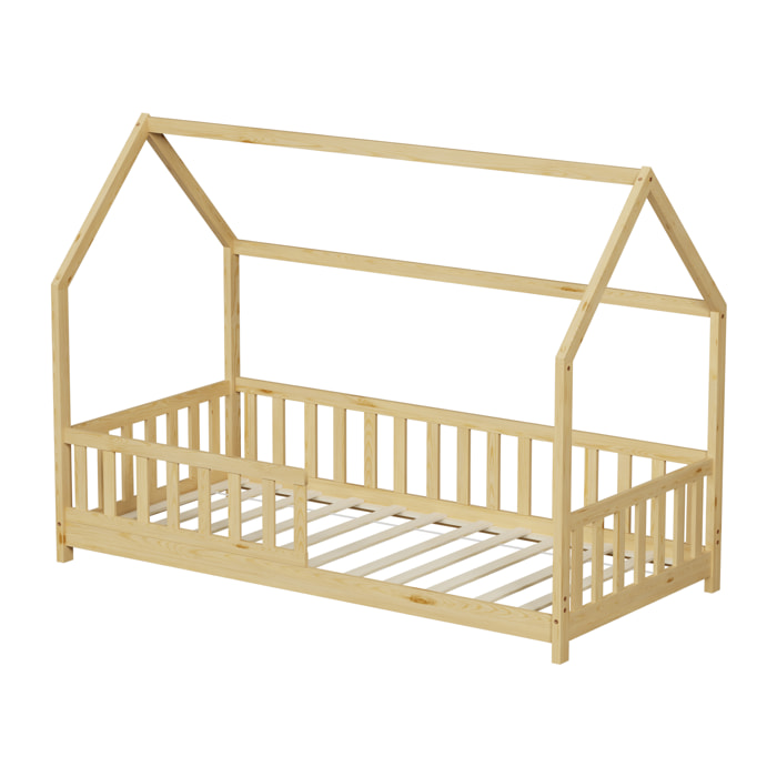 Lit Cabane Tchoupi 90 x 190 cm, Couleur Bois, Bois de Pin Naturel, avec barrières latérales de sécurité