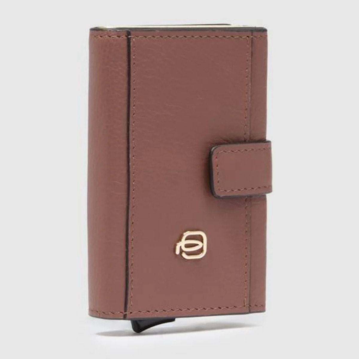 Piquadro Portacarte automatico in metallo e pelle, schermato con protezione RFID