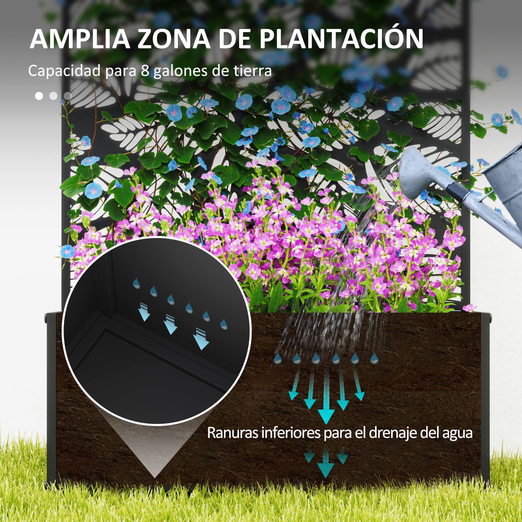 Jardinera Exterior Grande de Metal Jardinera con Pantalla de Privacidad de Hojas Decorativas Jardinera de Pared o Independiente para Patio Terraza 61x23x113 cm Negro
