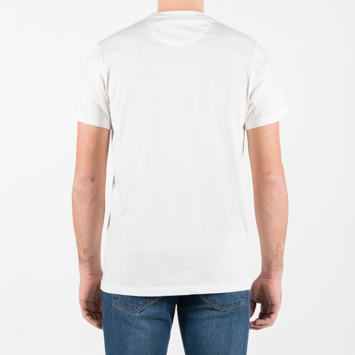 T-shirt con con ricamo centrale e dettaglio della bandiera americana intarsiata sulla manica sinistra