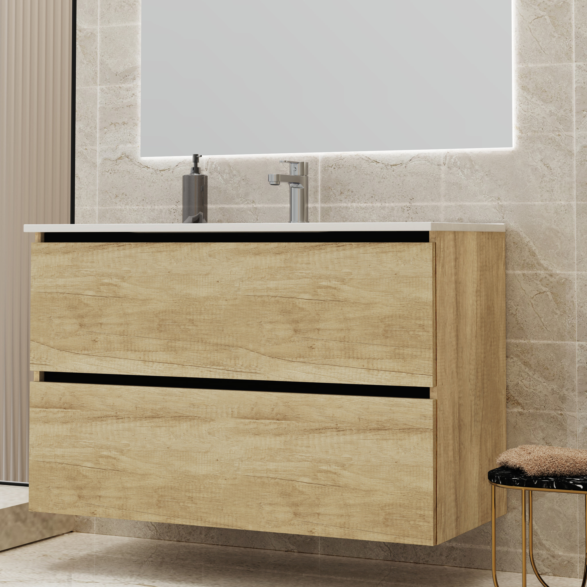 ENSEMBLE DE SALLE DE BAIN GLOOM | MEUBLE DE SALLE DE BAIN SUSPENDU | 90 CM NATURE | DEUX TIROIRS | LAVABO ENCASTRÉ | MEUBLE MONTÉ | ALDAY