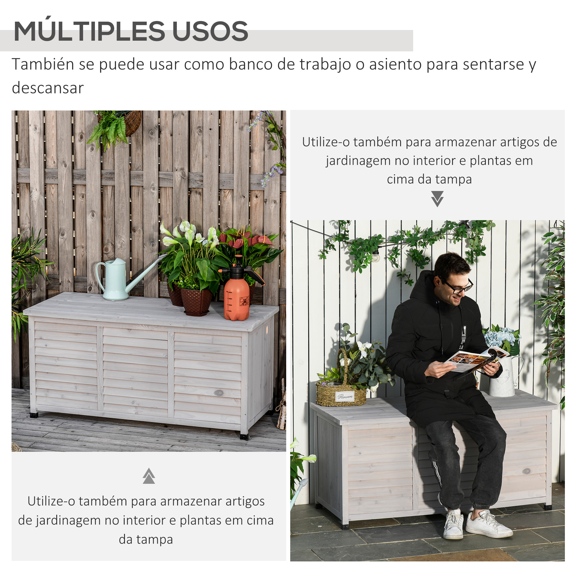 Baúl de Almacenaje Exterior 284L Arcón de Jardín de Madera Impermeable con Tapa Abrible y Diseño Persiana 127x56x60 cm Gris