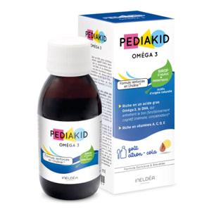 PEDIAKID - Oméga 3 - Complément Alimentaire Naturel - Formule Exclusive au Sirop d'Agave - Riche en DHA - Favorise le Bon Fonctionnement du Cerveau - Goût Citron-Cola - Flacon de 125 ml