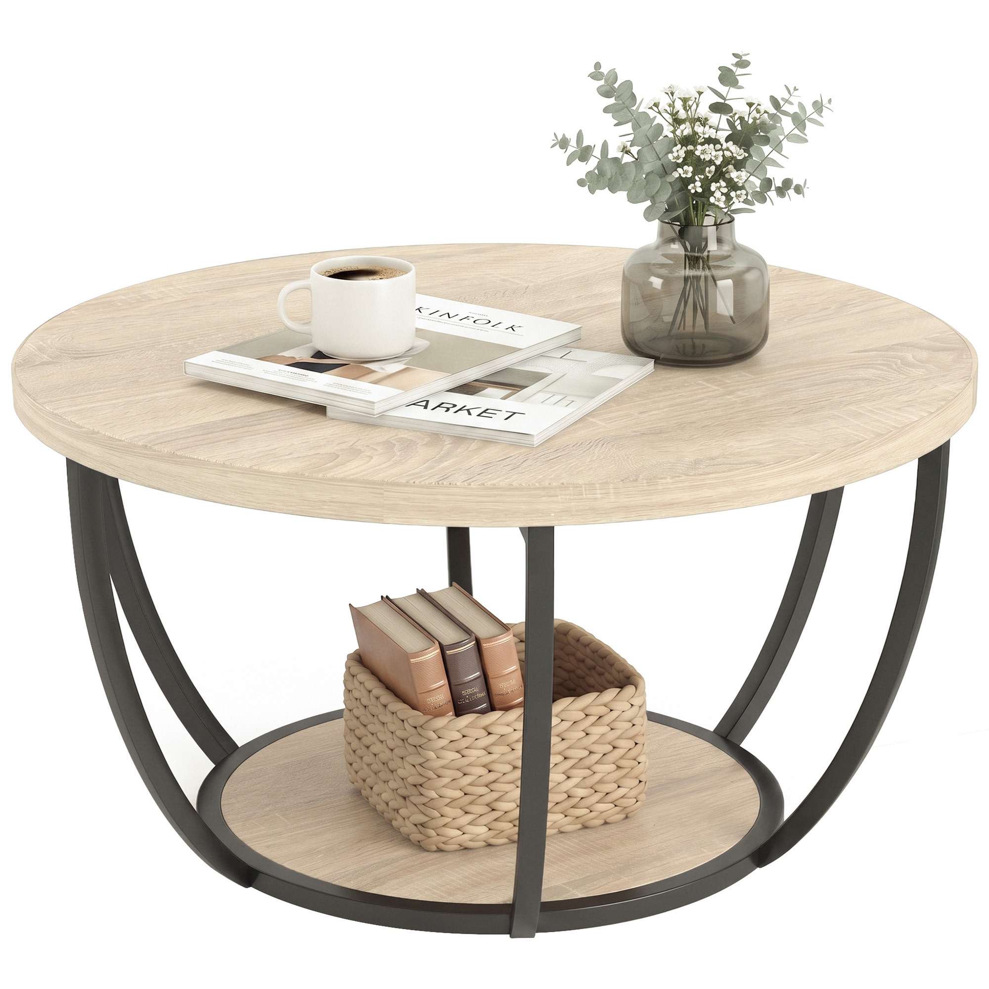Mesa de Centro, Mesa de Café Redonda para Salón con Estante de Almacenaje y Marco de Metal, 80x80x43,8 cm, Roble