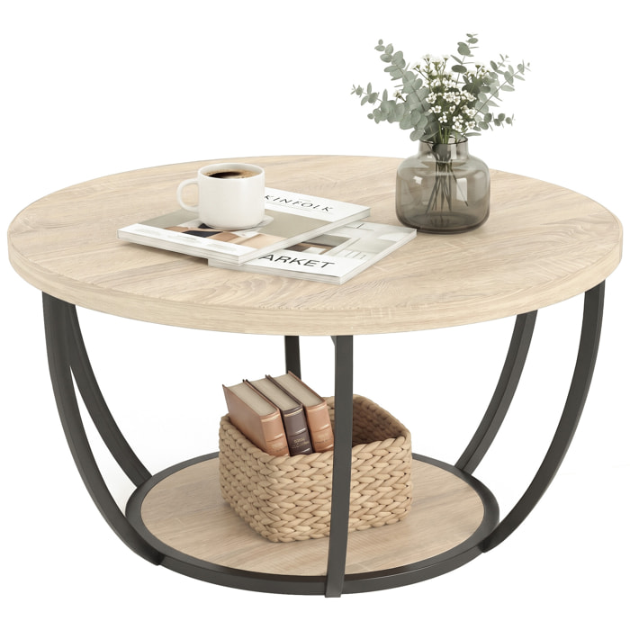 Mesa de Centro, Mesa de Café Redonda para Salón con Estante de Almacenaje y Marco de Metal, 80x80x43,8 cm, Roble