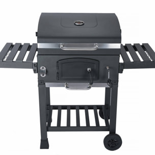 Barbecue Grill charbon de bois noir - Fumoir avec récupérateur de cendres. aérateurs. bac charbon ajustable et tablettes rabattables