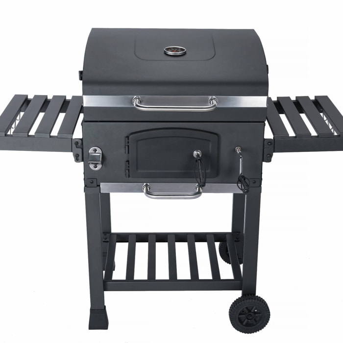 Barbecue Grill charbon de bois noir - Fumoir avec récupérateur de cendres. aérateurs. bac charbon ajustable et tablettes rabattables