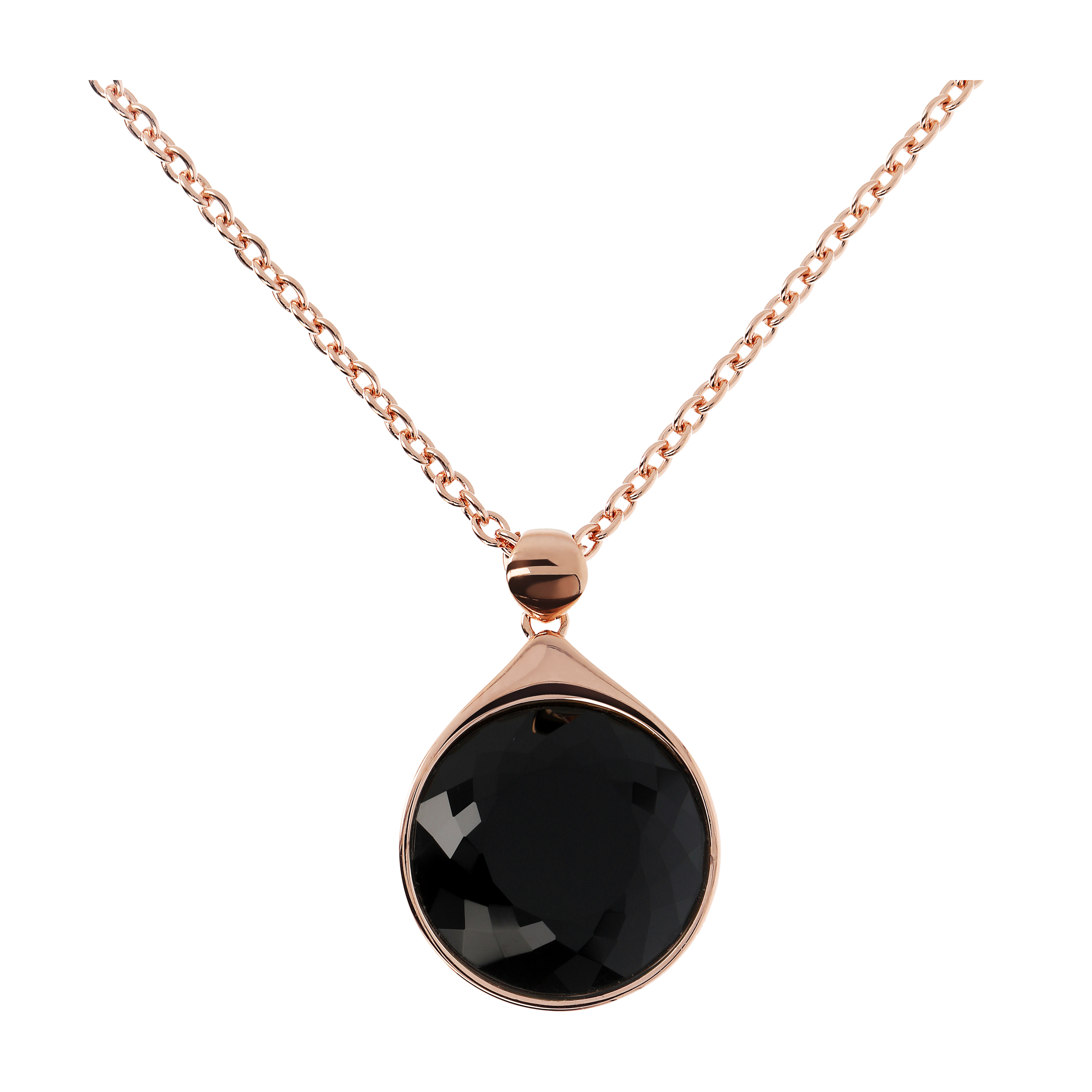 Collana Lunga Catena Rolo con Pendente in Pietra Naturale Tonda Onice Nero