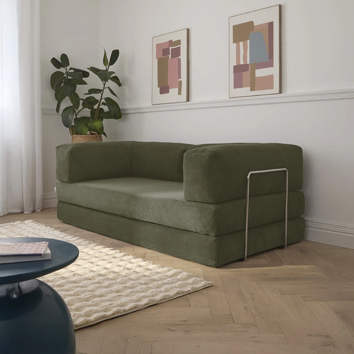 TRENDY - Canapé compressé 3 places modulable en velours côtelé kaki