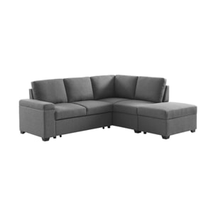 Canapé d'angle convertible. 3 places en tissu gris foncé avec pouf