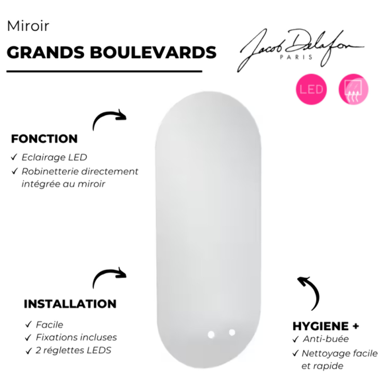 Miroir LED ovale Grands Boulevards 2 trous