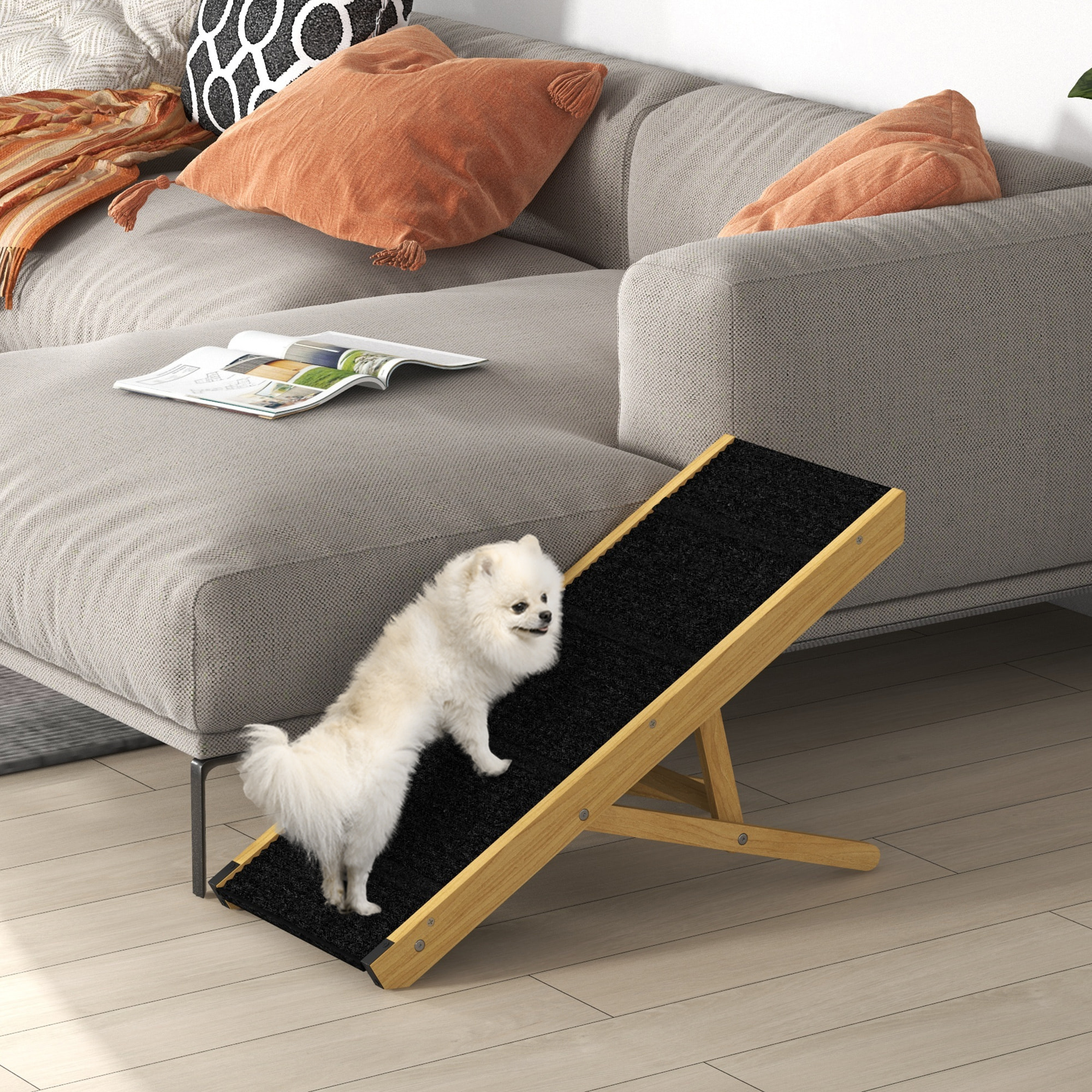 Rampa para Perros Plegable Rampa para Mascotas de Madera con Altura Ajustable en 4 Niveles para Perros Pequeños y Medianos 83,5x35x47,5 cm Natural