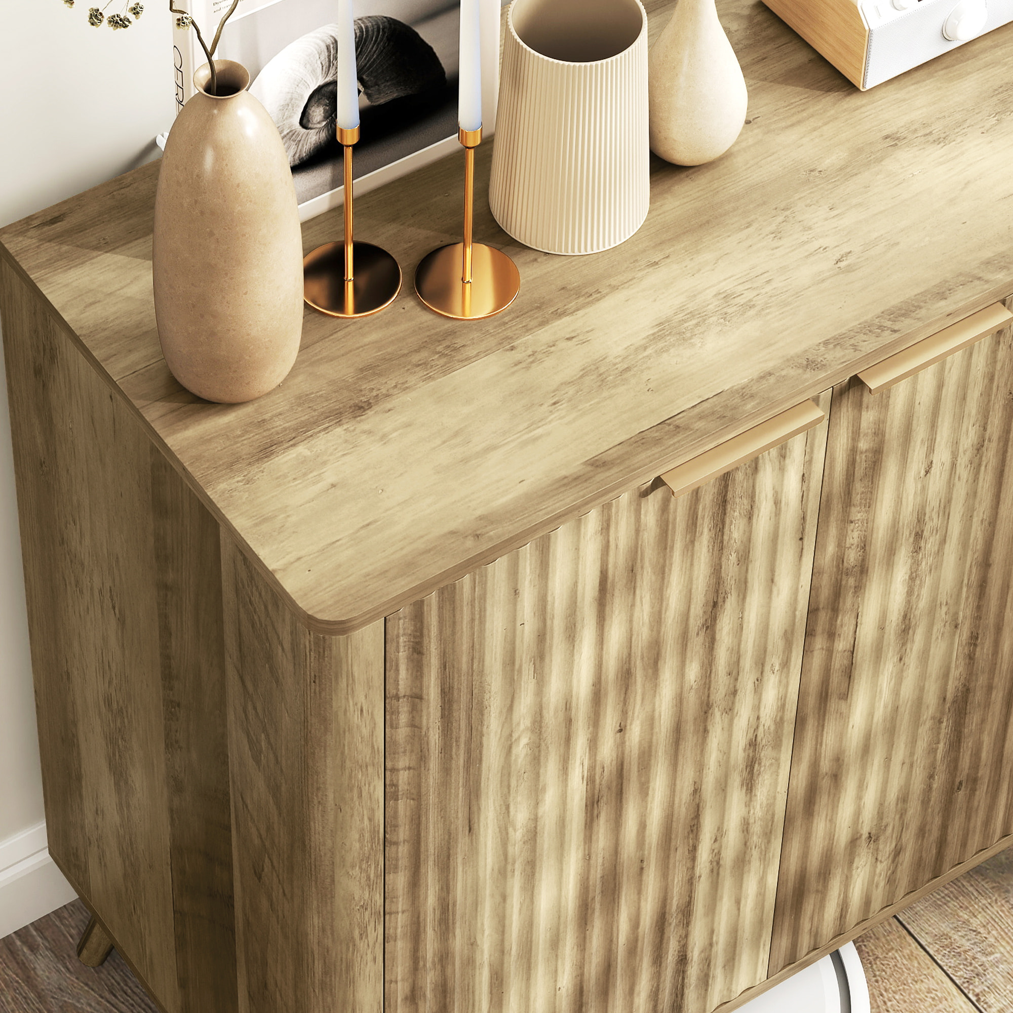 Buffet sur pieds design effet bois façade cannelée - 2 portes, étagère - dim. 77 x 40 x 81 cm