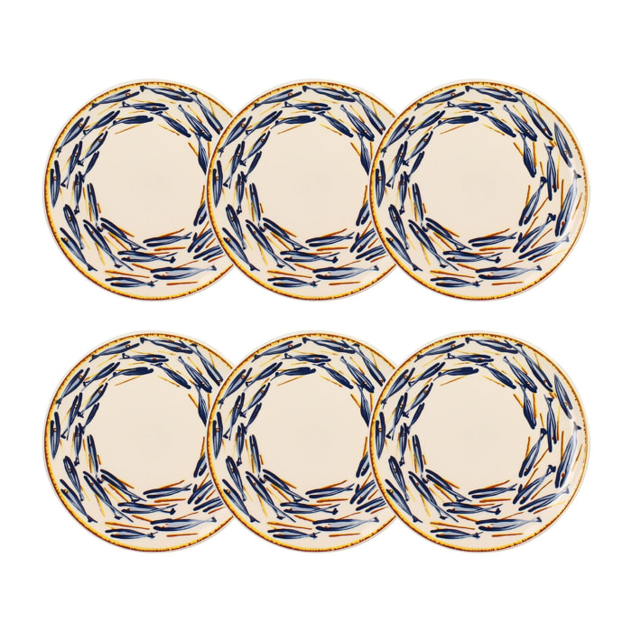 Lot de 6 assiettes à dessert 19cm en porcelaine à imprimé poisson MARIUS