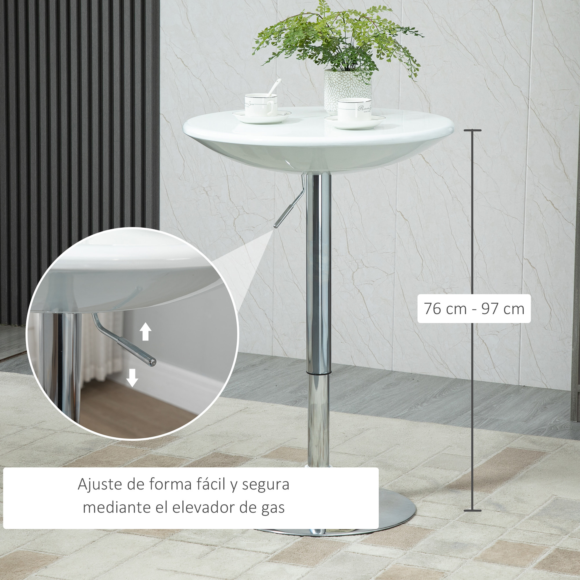 HOMCOM Mesa de Bar Regulable en Altura Giratoria 360Âº con Base Redonda Mesa Alta de Acero Moderna para Cocina Comedor Cafetería 61x61x76-97 cm Blanco