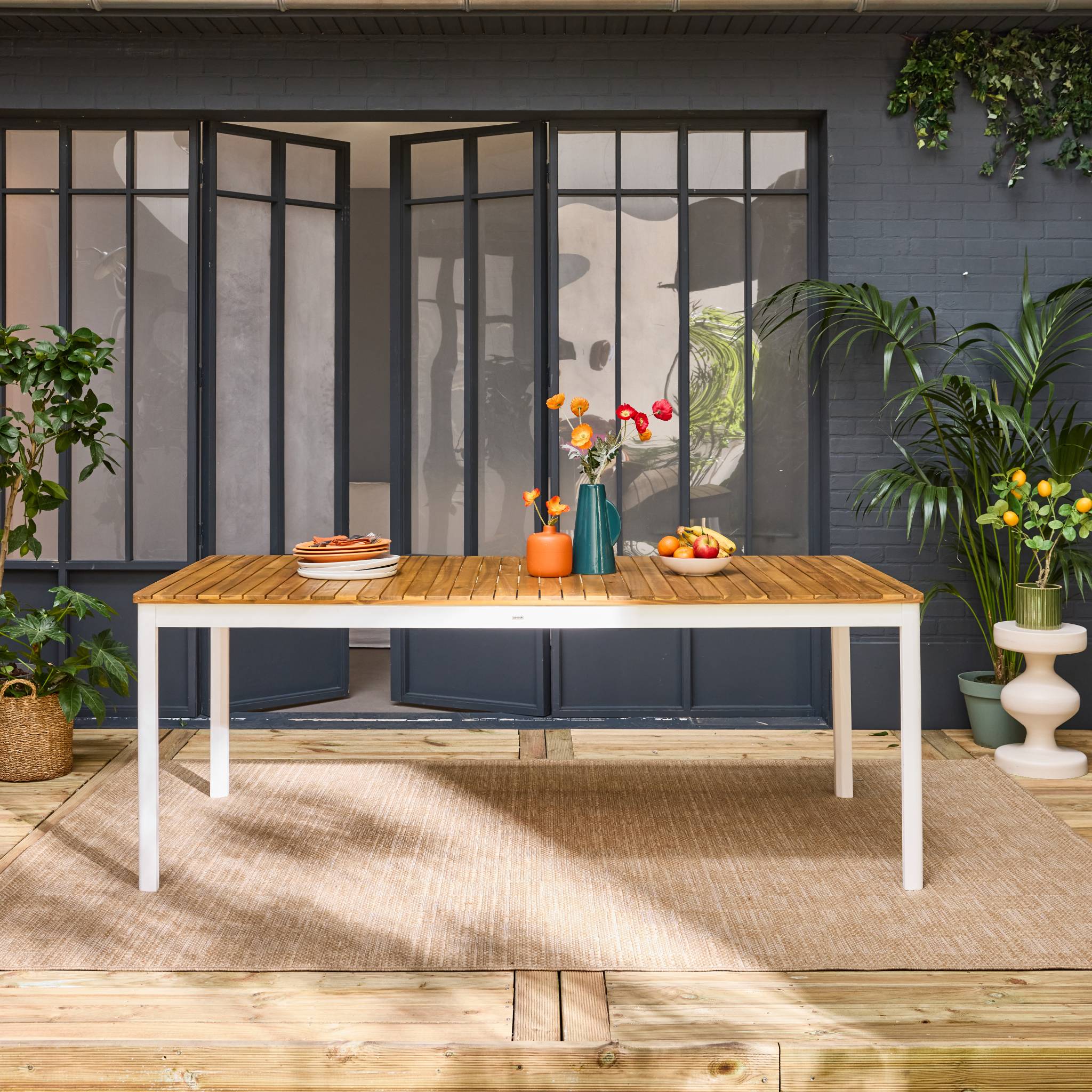 Table de jardin SENORA acacia blanc avec coins arrondis. 10 places. 200 x 100 x 75 cm