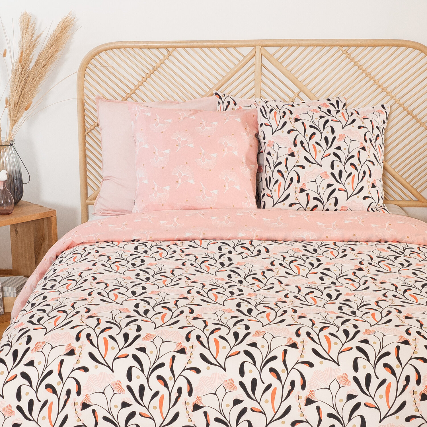 Parure housse de couette imprimé 100% satin de coton - joy - rose