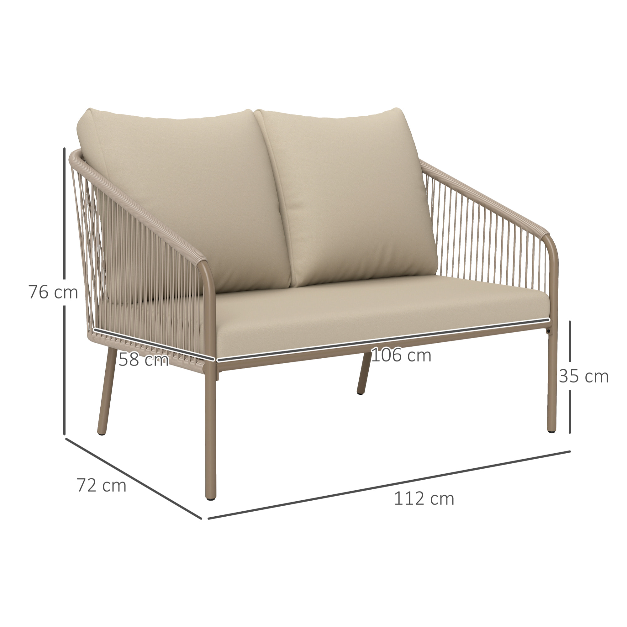 Canapé de jardin 2 places style bohème chic avec coussins assise dossier acier résine filaire grège