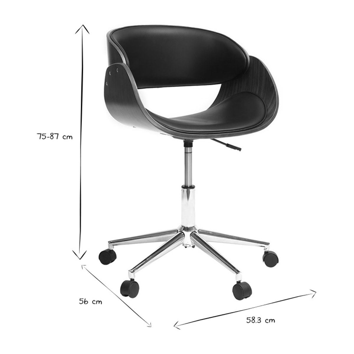 Chaise de bureau à roulettes design noir, bois foncé noyer et acier chromé  BENT