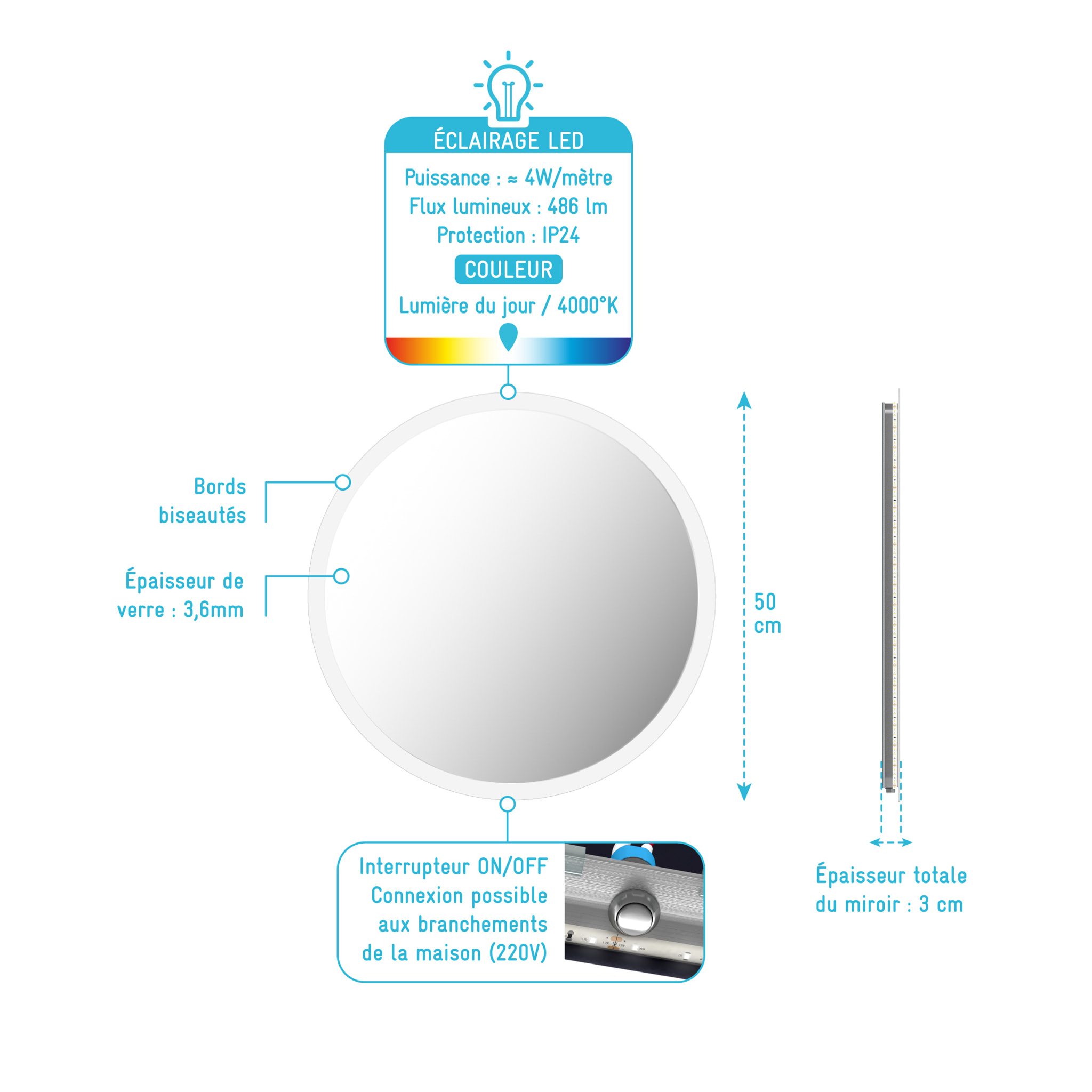 Miroir salle de bain rond avec eclairage LED - Diamètre 50cm - GO LED