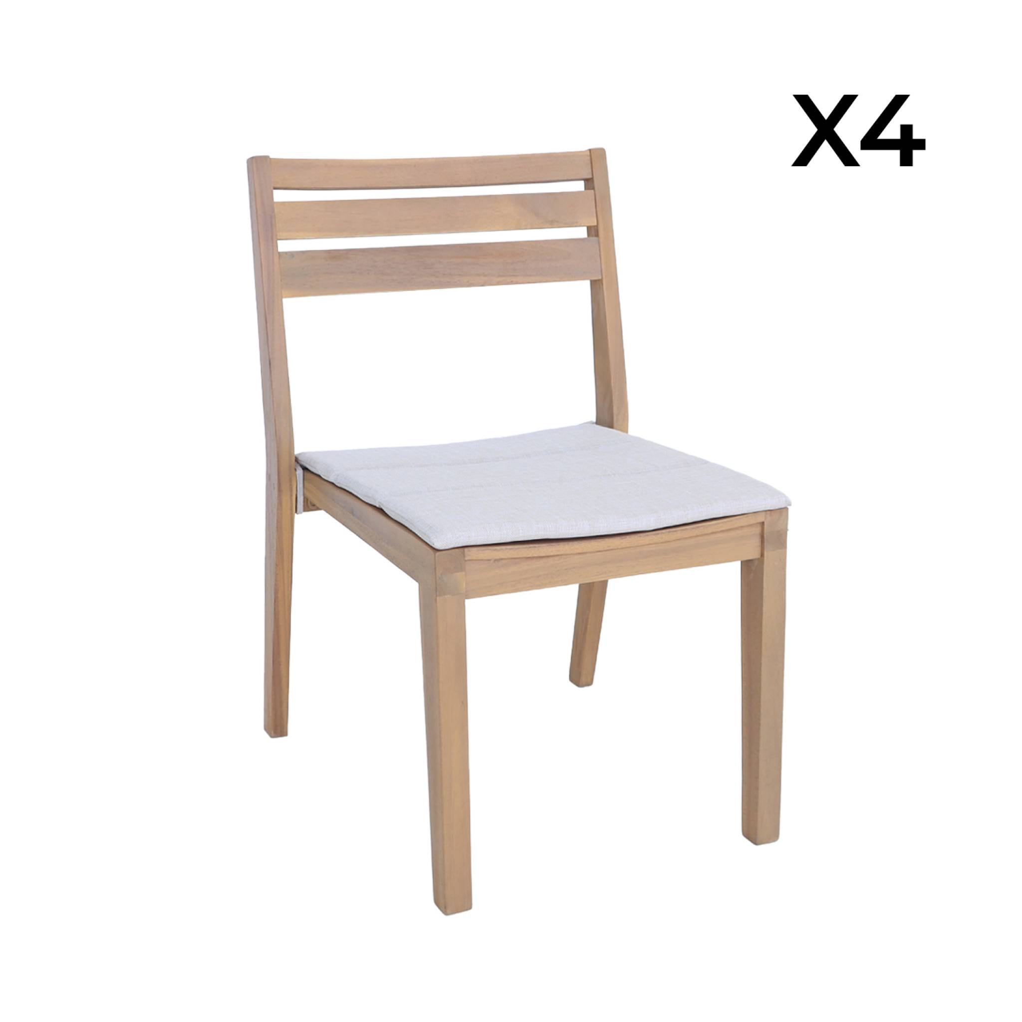 Lot de 4 chaises de jardin beige MERINA bois d'acacia avec coussin. 52 x 55 x 81 cm