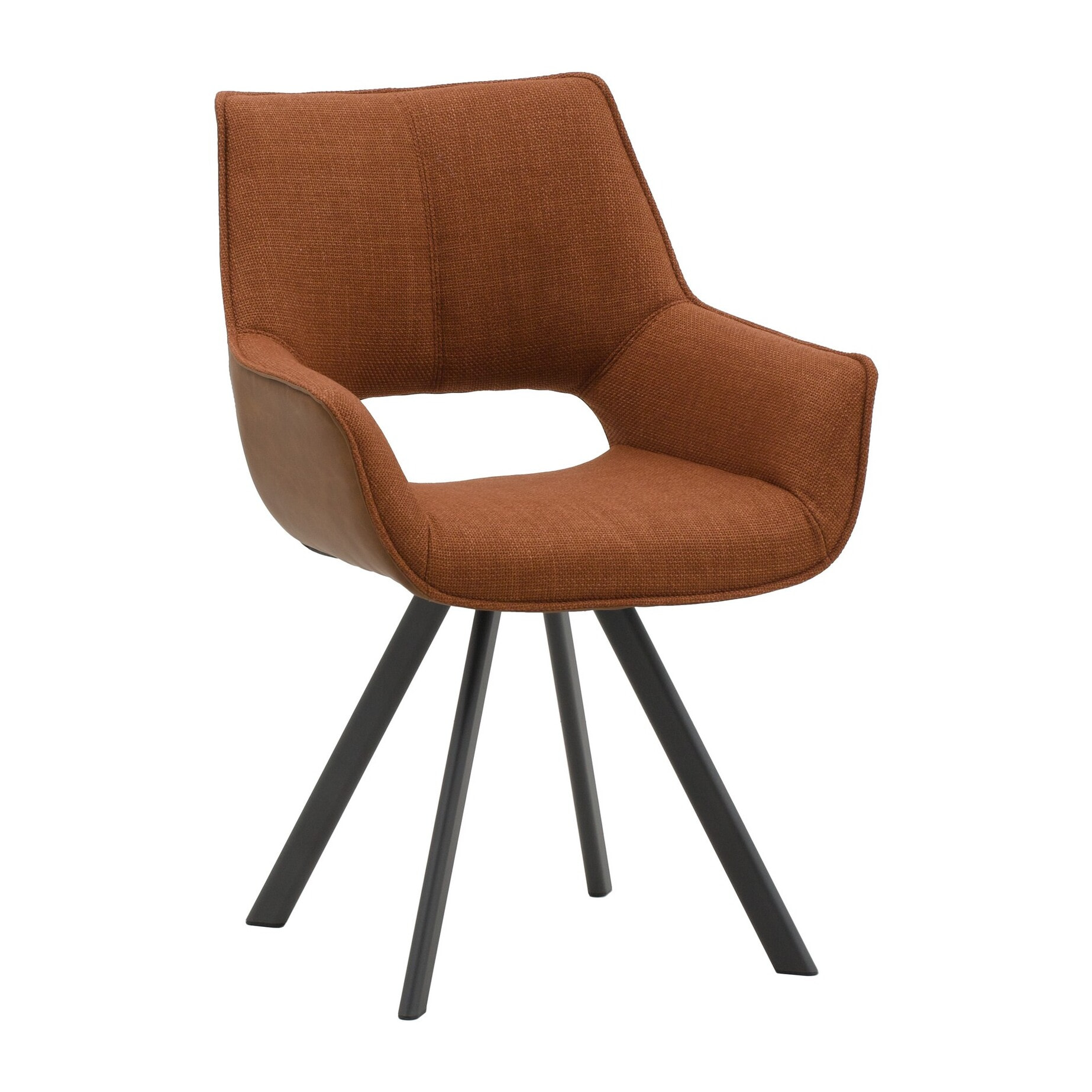 Set di 2 sedie MONTMARTRE in similpelle marrone, tessuto terracotta e gambe in metallo nero, con braccioli