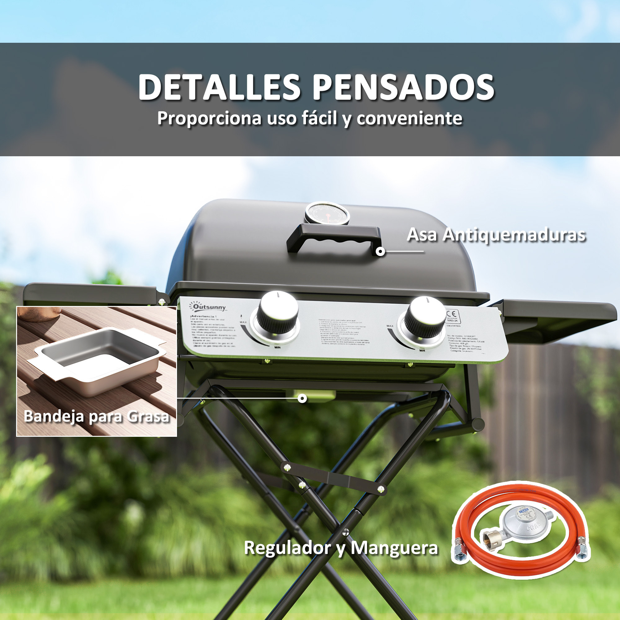 Barbacoa de Gas con 2 Quemadores de Acero Inoxidable 2,8 KW Barbacoa Portátil con Mesas Laterales Plegables Bandeja Extraíble Termómetro y 2 Ruedas para Pícnic Camping 101x50x102 cm Negro