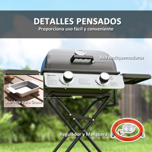 Barbacoa de Gas con 2 Quemadores de Acero Inoxidable 2,8 KW Barbacoa Portátil con Mesas Laterales Plegables Bandeja Extraíble Termómetro y 2 Ruedas para Pícnic Camping 101x50x102 cm Negro