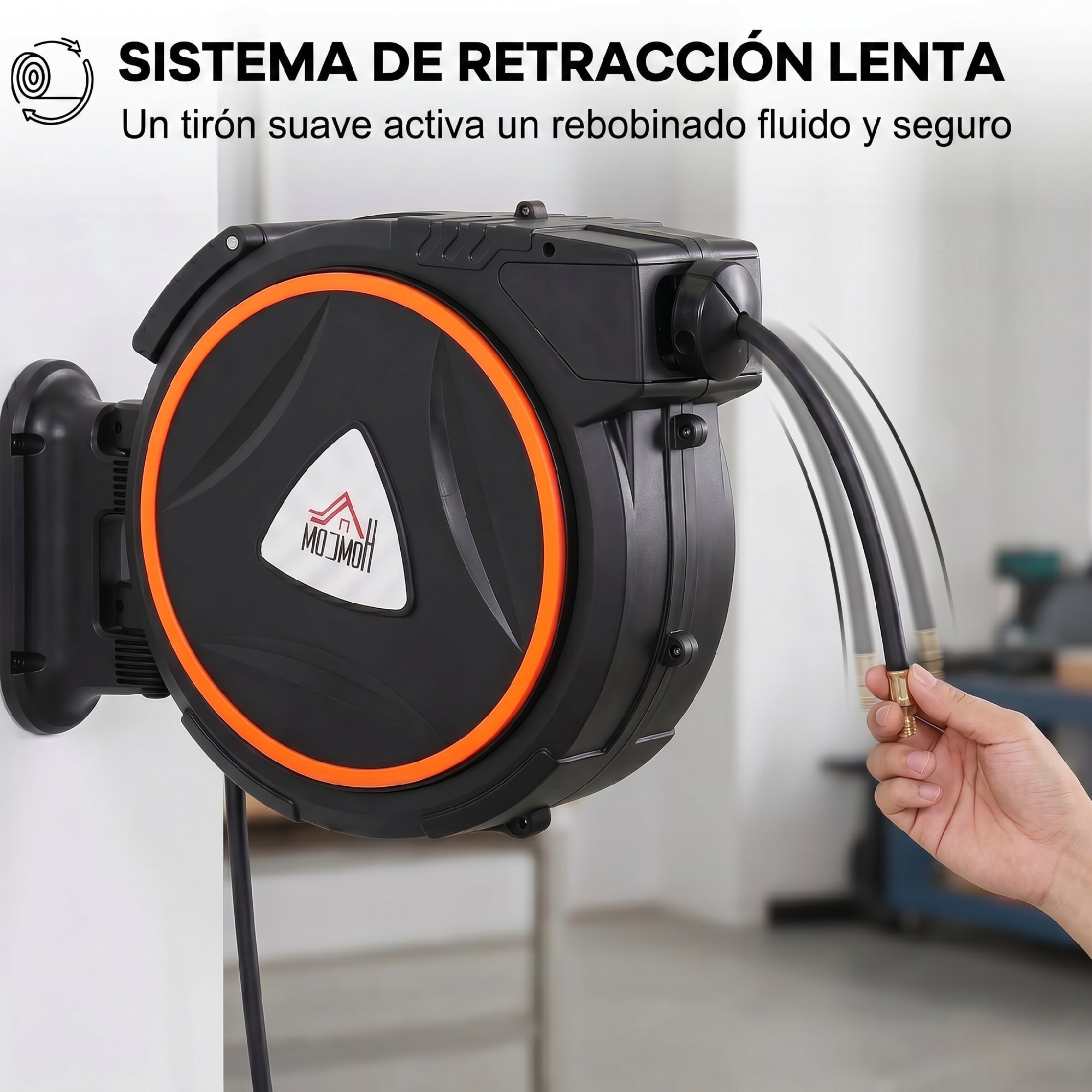 Carrete de Manguera de Aire Comprimido Automático de 20 m+2 m, Conector de 1/4'' BSP, Manguera Compresor Aire con Soporte para Pared Giratorio 180°, Negro