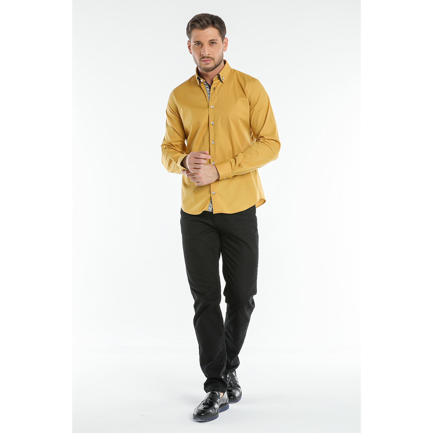 Camicia 1 Bottone Button Down Slim Uomo Popeline Stretch Unito Senape