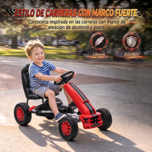 AIYAPLAY Kart Pedales para Niños de +3 Años, Go Kart con Asiento Ajustable, Volante, Freno Manual, Marco de Aluminio y Acero, Carga 30 kg, Rojo