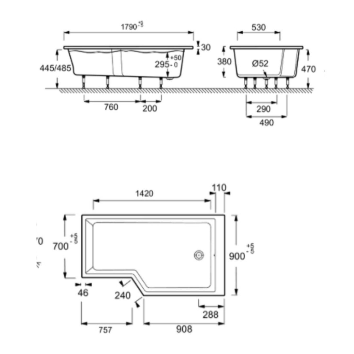 Pack baignoire bain douche antidérapante 180 x 90 Neo blanc mat - v.droite + pare bain chromé + tablier