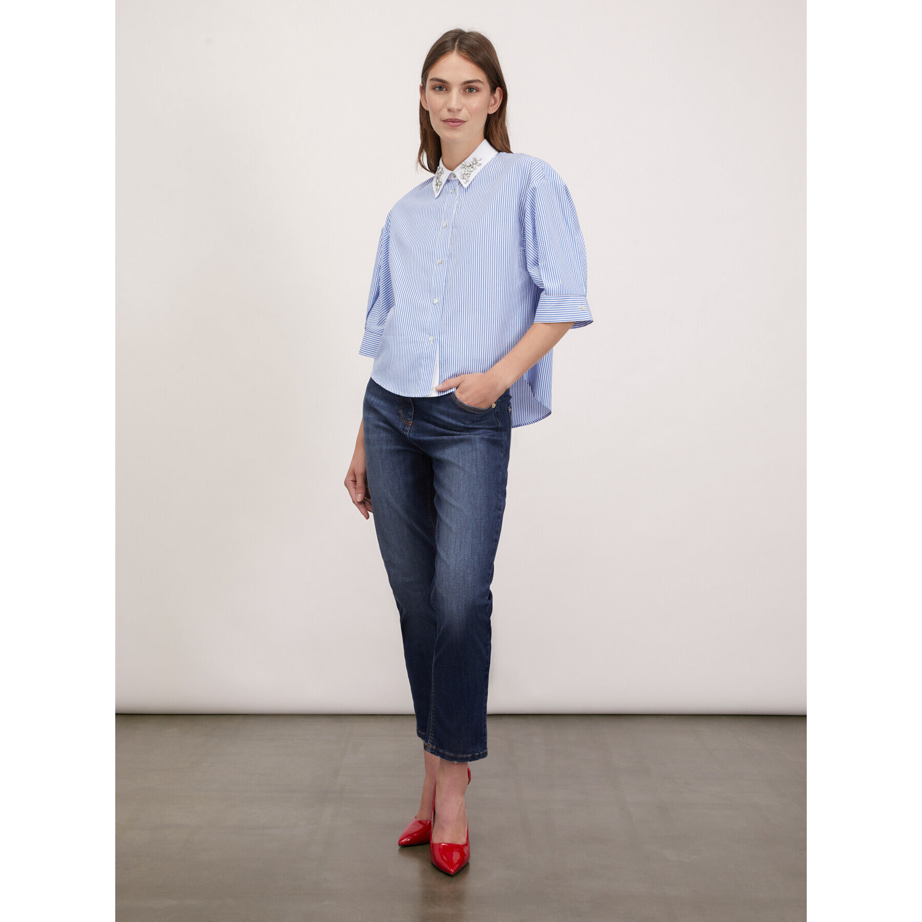 Motivi - Camicia a righe con colletto con strass - Azzurro