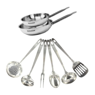 Set de 2 poêles de 20 et 24 cm en inox et 6 ustensiles inox Fackelmann Eterna
