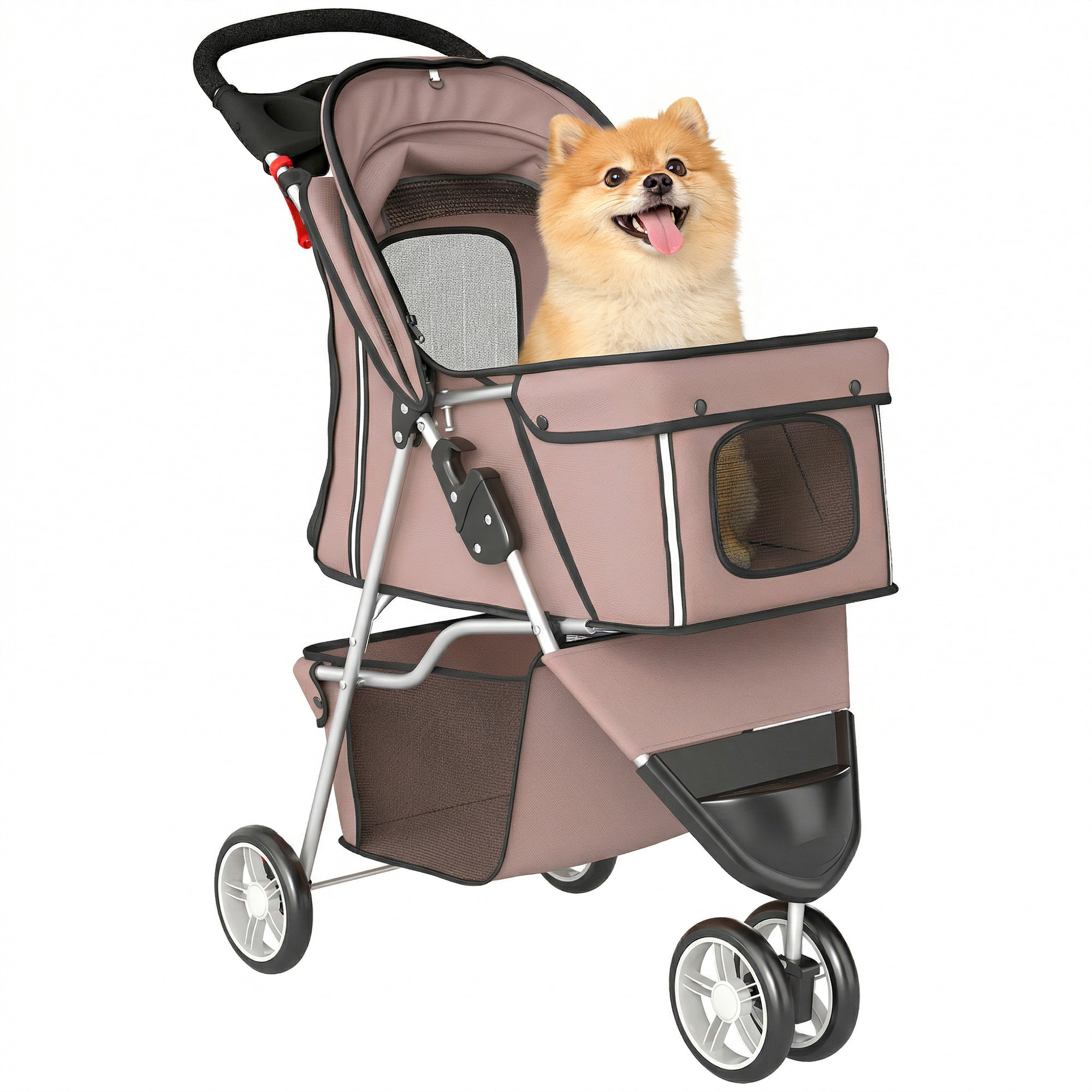 Carrito para Perros Plegable, Cochecito para Perros Pequeños con Cesta de Almacenaje, Ventanas de Malla, Portavasos y Ruedas, Carga 10 kg, 77x44x102 cm, Café