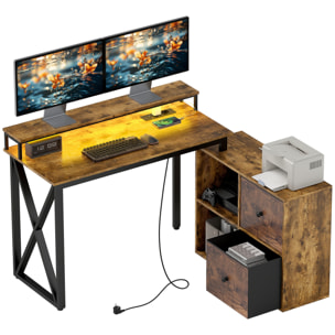 Escritorio Esquinero con Luces LED Escritorio en Forma de L con Estación de Carga 2 Compartimentos 2 Cajones de Tela Soporte para Monitor para Oficina en Casa Marrón Rústico