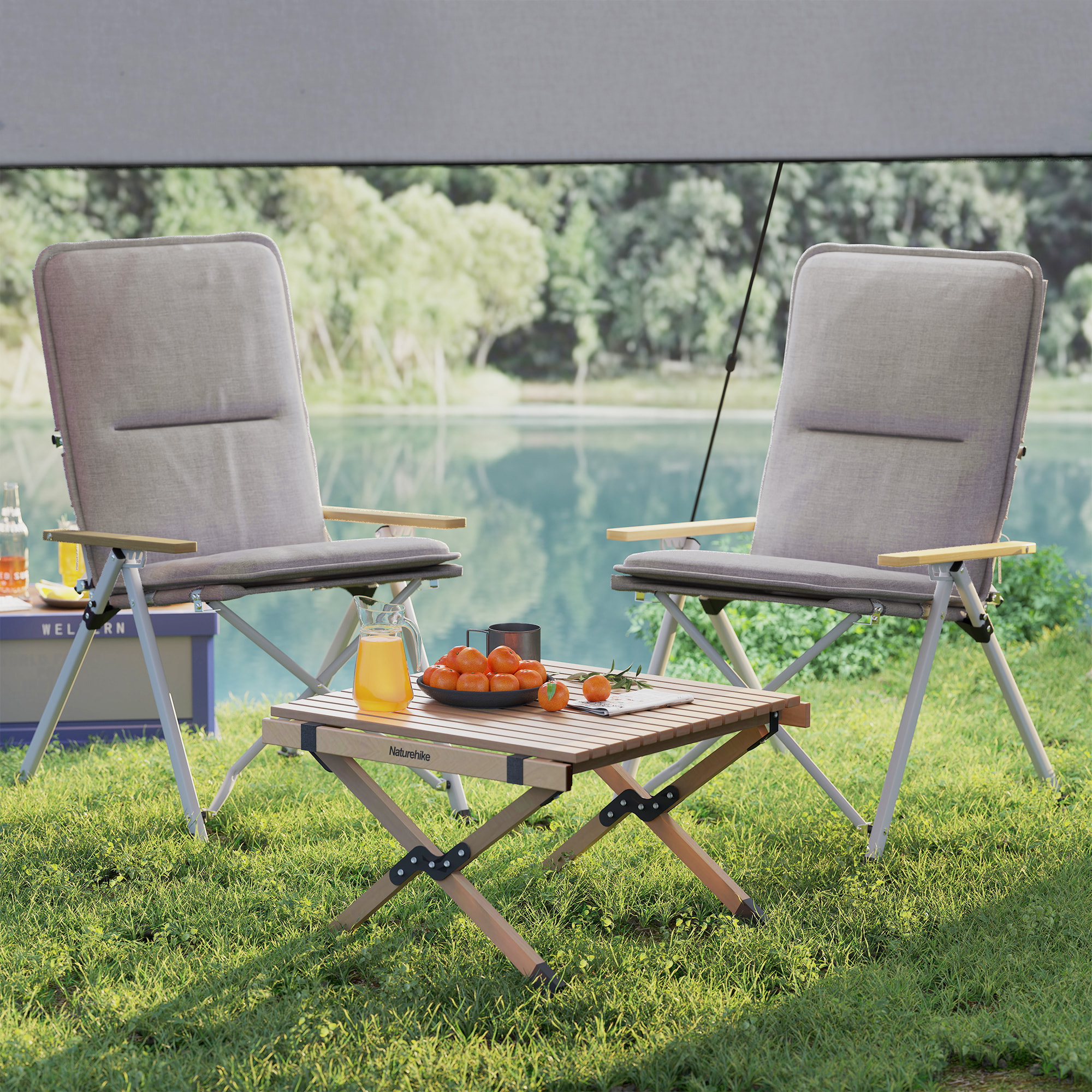 2 Sillas de Camping Plegables de Aluminio Sillas de Jardín Portátiles con Respaldo Alto Ajustable Reposabrazos de Madera y Bolsa de Transporte para Exterior 59x67x96 cm Gris Claro