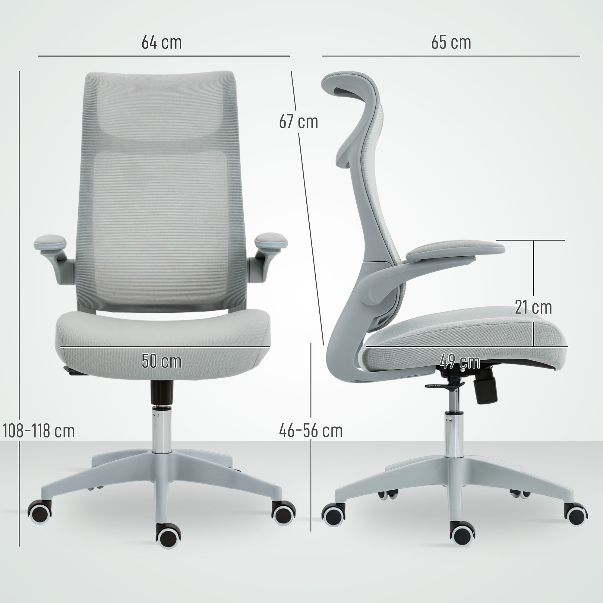 Silla de Oficina Ergonómica Giratoria, con Soporte Lumbar y Reposabrazos 3D Abatibles, Silla de Escritorio de Malla con Reposacabezas Integrado, Función Basculante, Altura Ajustable, Gris