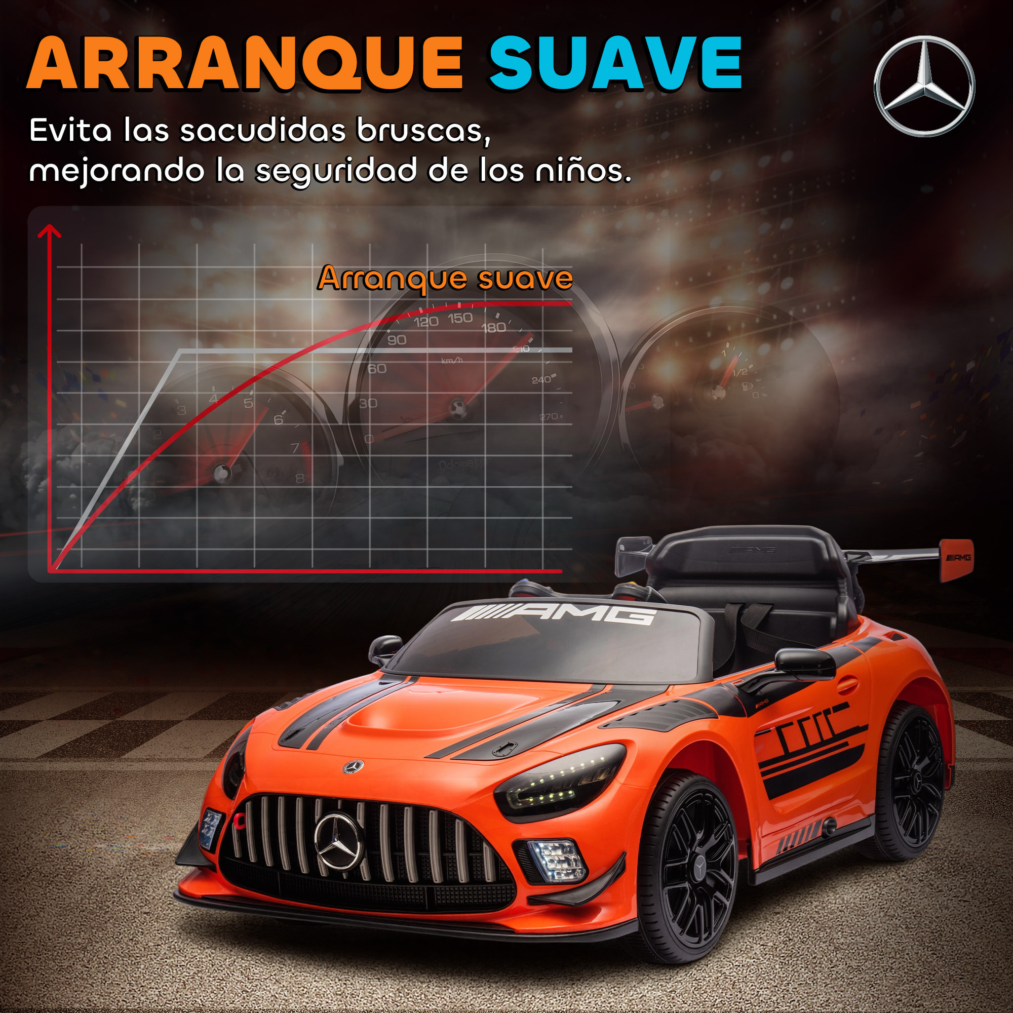 Coche Eléctrico para Niños, Mercedes-AMG GT3 Evo, Coche de Batería 12V, con Mando a Distancia 2,4 G, Motor Doble, Ruedas Auxiliares, Asa de Arrastre, Música Inalámbrica, Faros, Naranja