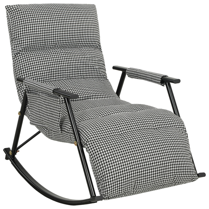 Silla Mecedora con Respaldo y Reposapiés Ajustables, Mecedora Sillón Balancín 105°, Tapizada en Lino, con Bolsillo Lateral y Marco de Metal, Carga 120 kg, para Dormitorio, Salón, Negro y Blanco