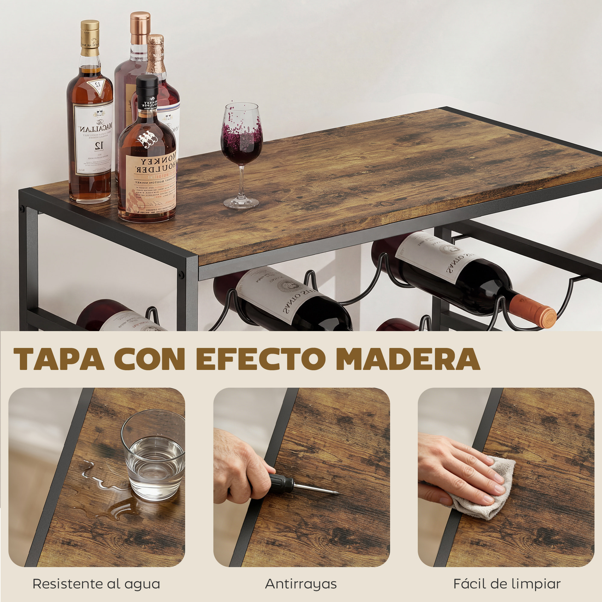 Botellero para 30 Botellas, Botellero para Vino de 6 Niveles con Encimera de Efecto Madera, Estilo Industrial, para Cocina, Comedor, Bar, 59x30x88,5 cm, Marrón Rústico